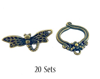 20 sets of Antique Bronze Dragonfly Toggle Clasps, Necklace Bracelet Closure Destash