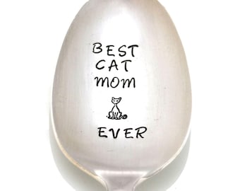 Cuchara de gato estampada a mano platería vintage mejor gato mamá siempre regalos del día de la madre menores de 15 cucharas personalizadas divertidas regalo para amante de los gatos