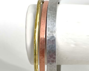 Hammered Stacking Cuffs, Set of Tricolor Textured Skinny Brass Copper Aluminum Bracelets Tri Colored Hammered Copper Bracelet Gifts For Her