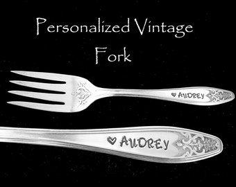 Personalized Vintage Dessert Fork: Hand Stamped Silver Plated Name Gift