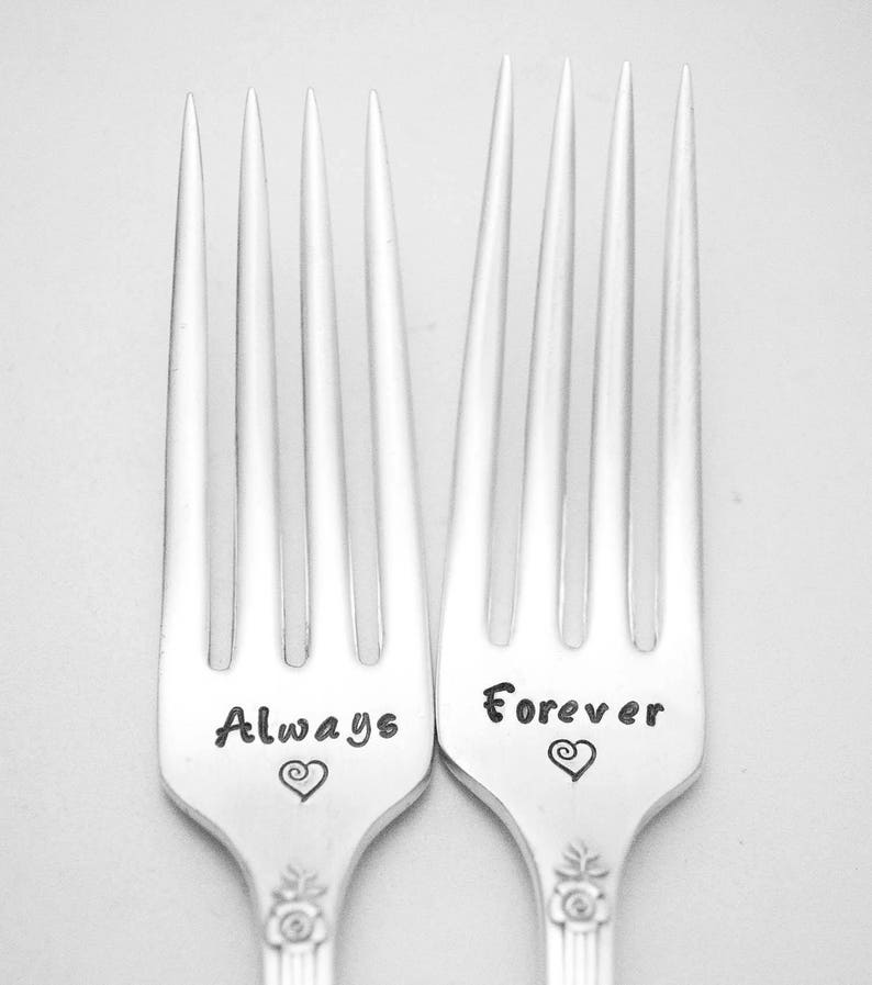Stamped Wedding Forks Always and Forever Fork Something Old Vintage Engraved Flatware Engagement Gift Floral Silverware Royal Rose