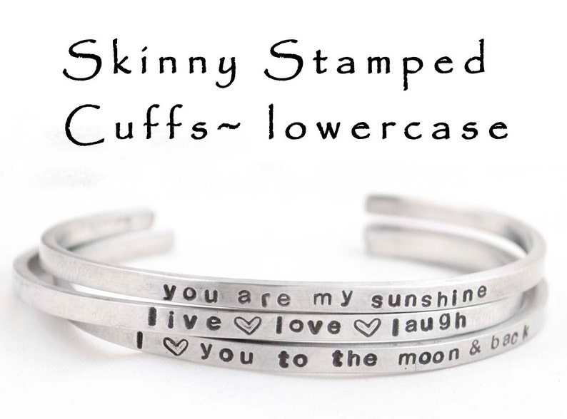 Hand Stamped Aluminum Cuff Bracelet Skinny Hammered Stacking Cuffs Customized Personalized Jewelry Engraved Mantra Bracelet, Gift for Mom image 2