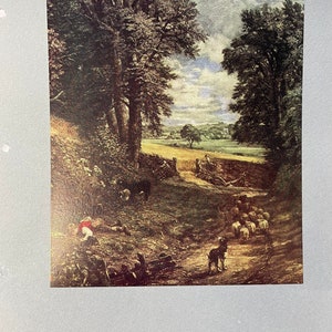 May include: A painting of a rural landscape with a dirt road leading through a forest. The road is lined with trees on either side, and there are sheep grazing in the field beyond. The sky is cloudy and the sun is shining through the clouds.
