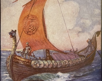 Beowulf Sails to Daneland 1927 Antique Joseph Ratcliffe Skelton Lithograph Viking