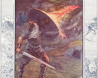 Beowulf Raised His Mighty Shield 1927 Antique Joseph Ratcliffe Skelton Lithograph Viking