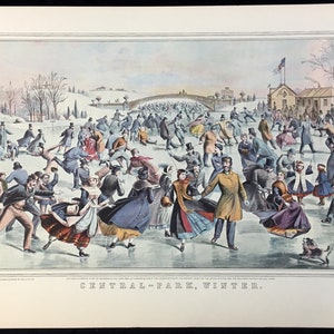 May include: An antique print titled "Central Park, Winter" depicts a winter scene with numerous figures ice skating on a frozen pond. The print features a bridge, buildings, and a flag, with people in period clothing.