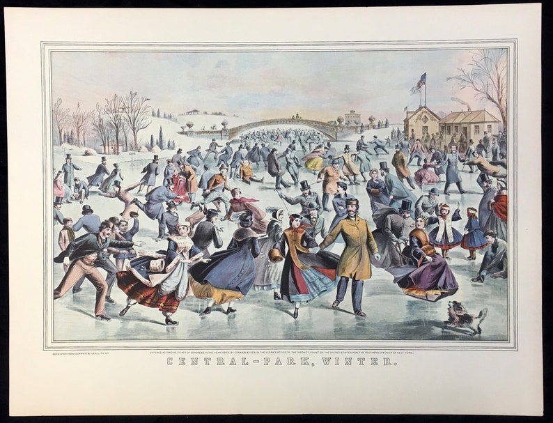 May include: An antique print titled "Central Park, Winter" depicts a winter scene with numerous figures ice skating on a frozen pond. The print features a bridge, buildings, and a flag, with people in period clothing.