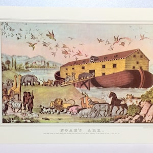Vintage Currier & Ives Lithograph: Noah&#39;s Ark Bible Story Print (1952)
