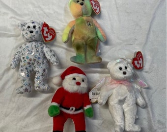 Lot of 4 Ty Christmas Jingle Beanie Babies Bears Retired Bears Peace Beginning Halo Santa