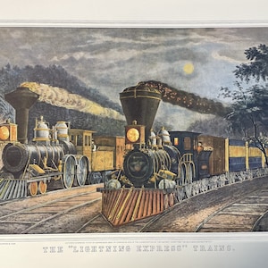CURRIER & IVES Art Print The Lightening Express Trains Locomotive Vintage Lithography Art 1863 gratis verzending