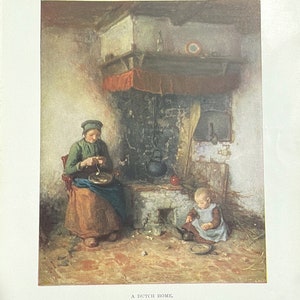 A Dutch Home Mother and Child by Oven 1927 Vintage Art Print Color Lithograph