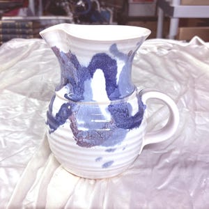 Vintage White and Blue Art Pottery Pitcher Artesian signed AL Ewer