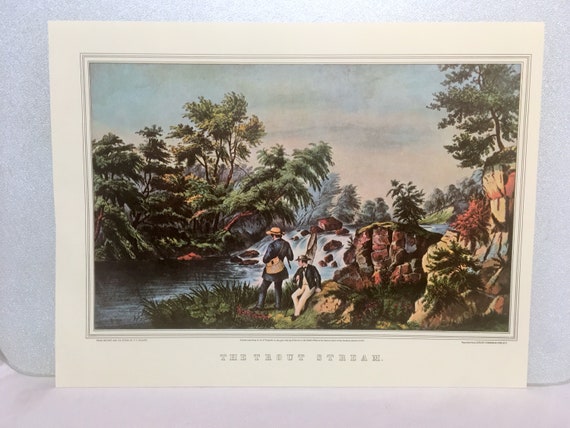 1952 Vintage Currier /& Ives /"THE TROUT STREAM/" FISHING LOVELY COLOR Lithograph