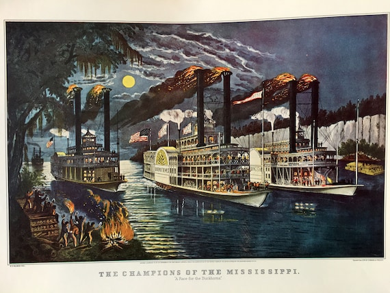 Currier & Ives Vintage Steamboat Paddlewheel Print the Champions