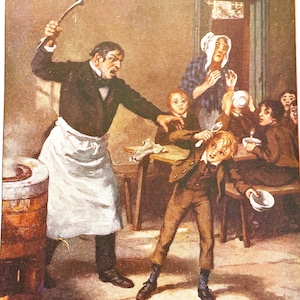 Charles Dickens Oliver twist asks for More 1927 Williamson Lithograph Art