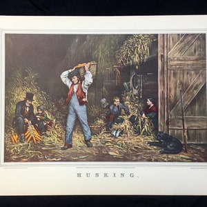 Currier and Ives “Husking” Eastman Johnson Vintage Lithograph Print Barn Dog