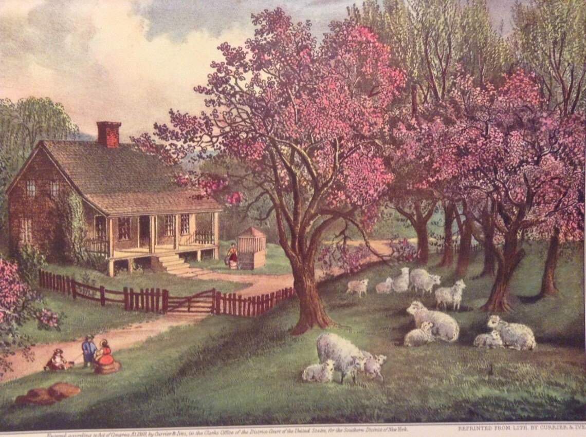 CURRIER & IVES Vintage 1952 Print Art American Homestead Spring Pink ...