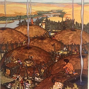 May include: A watercolor painting depicting a Native American village with several dome-shaped houses, a river, and a distant landscape. Smoke rises from the chimneys of the houses, suggesting a sense of community and life.