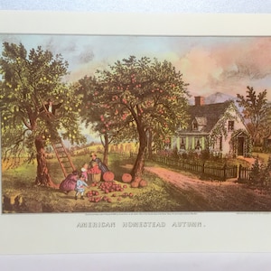 CURRIER & IVES Vintage 1952 Print Art American Homestead Autumn fall Picking Crops Fruit