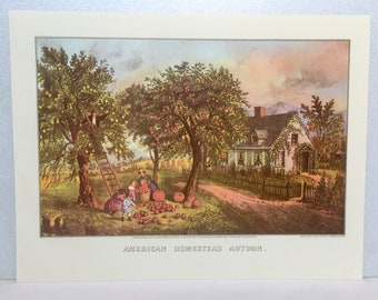 CURRIER & IVES Vintage 1952 Print Art American Homestead Autumn fall Picking Crops Fruit