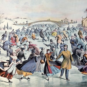 May include: Vintage illustration of a winter scene with many people ice skating on a frozen lake. The skaters are dressed in period clothing, with a bridge and buildings in the background. The sky is overcast.