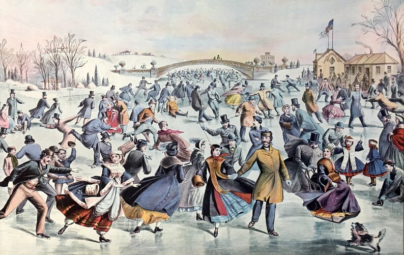 May include: Vintage illustration of a winter scene with many people ice skating on a frozen lake. The skaters are dressed in period clothing, with a bridge and buildings in the background. The sky is overcast.