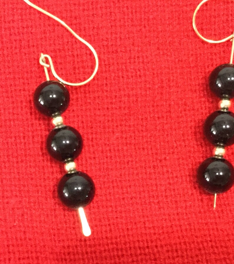 Vintage Black Onyx Earrings Set Three Beads FREE US Shipping Mid Century Classic Dangles image 3