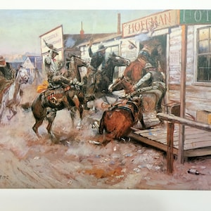In Senza bussare, 1909 Charles Russell C.M. Western Cowboy Stampa artistica Cavalli Città Charley