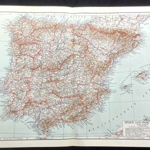 SPANIEN und PORTUGAL - 1911 Antike farbige Karte von Emery Walker Provinzen Eisenbahnen Pässe Forts
