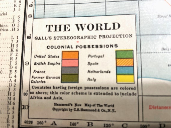 1927 Vintage Hammond Atlas Map Page - World Map Color Coded
