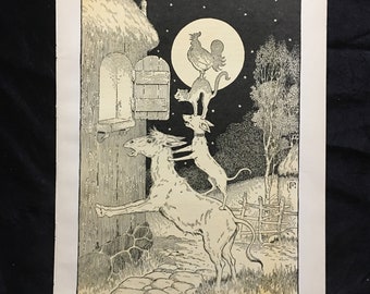 Town Musicians of Bremen 1927 Grimm Fairy Tale  Lithograph Harrison Cady FREE US SHIPPING