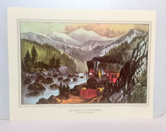 Currier & Ives Truckee River Sierra Nevada Route to California 1871 Train Art Vintage Art Litho