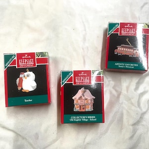 Hallmark Miniature Christmas Ornaments 1990 lot of 3 Owl Streetcar School FREE SHIPPING