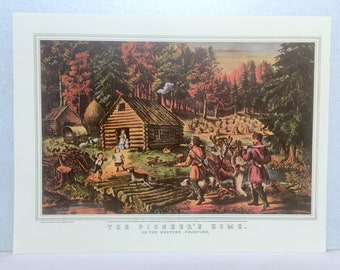 Currier & Ives THE PIONEER'S HOME Hunting Print Lithograph 1867 Farming cabin