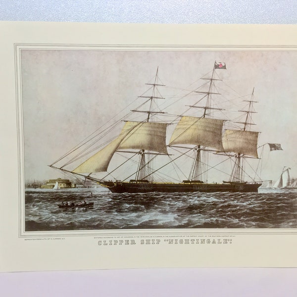 CURRIER & IVES Art Print Clipper Ship Nightingale bateau en mer Navire médical dans les années 1800 vintage 1952 Print