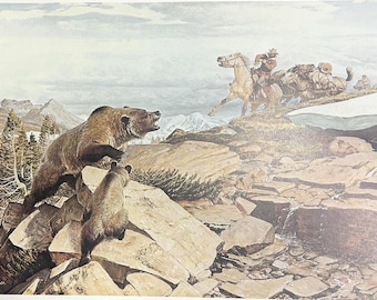 Hästar Ryttare Grizzlybjörn "Korsade stigar" av John Clymer
