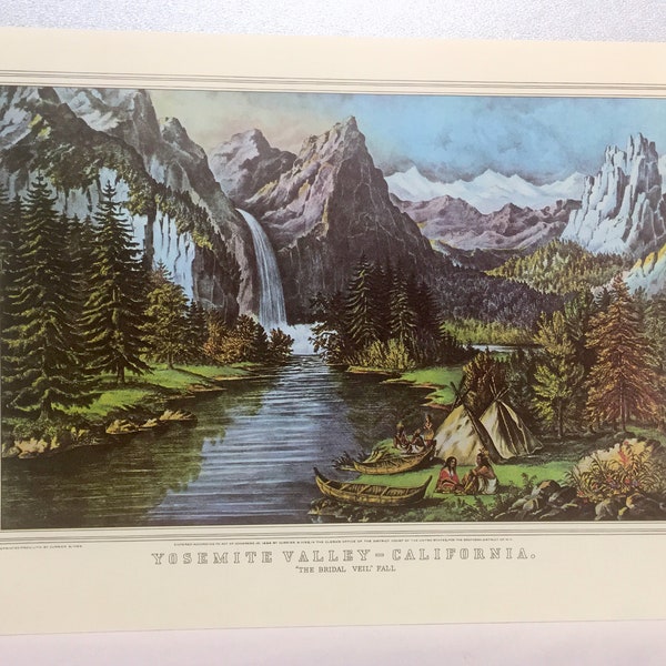 CURRIER & IVES 1866 Yosemite Valley California Bridal Veil Fall Art Litho