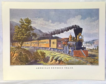 CURRIER & IVES Art Print American Express Train Locomotive Vintage