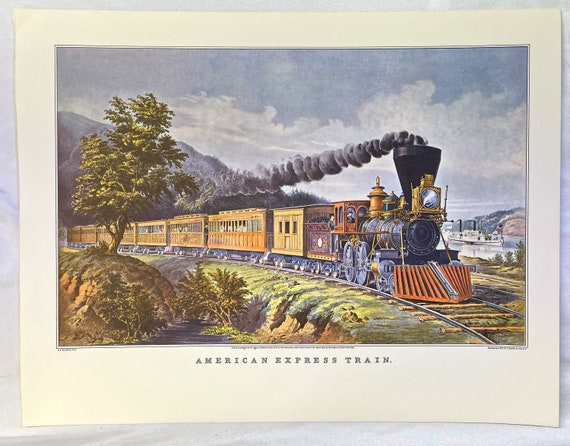 CURRIER & IVES Art Print American Express Train Locomotive Vintage