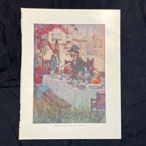 The Rabbit and The Mad hatter Alice in Wonderland Vintage Children&#39;s Nursery Lithograph Illustration 1927 Art