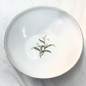 May include: White ceramic bowl with a silver rim and a floral design in the center. The design features green leaves and yellow and brown accents. The bowl is round and appears to be empty.