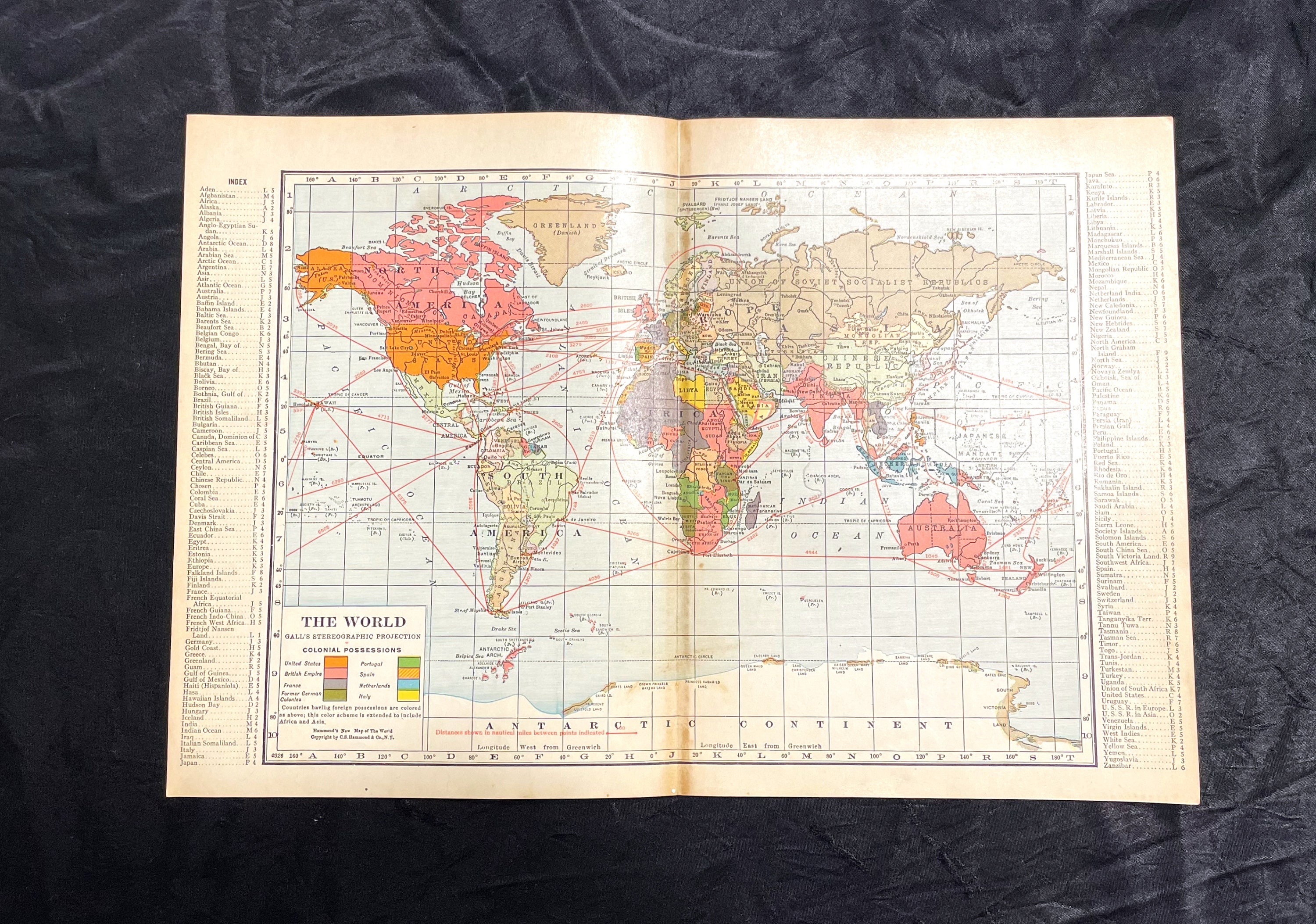 1927 Vintage Hammond Atlas Map Page - World Map Color Coded
