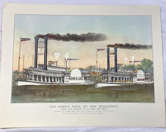 Great Race on the Mississippi 1870 Currier & Ives Americana Art  River Paddle Wheel Ships Boat