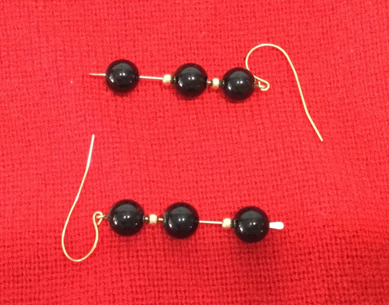 Vintage Black Onyx Earrings Set Three Beads FREE US Shipping Mid Century Classic Dangles image 4