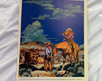H.C. Holling 1936 Children&#39;s Art Print Cowboys on Horseback Serenading Cattle Cows with Child Vaqueros Southwest