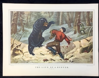 Currier & Ives: Bear Confronting Hunter Vintage Lithograph Print