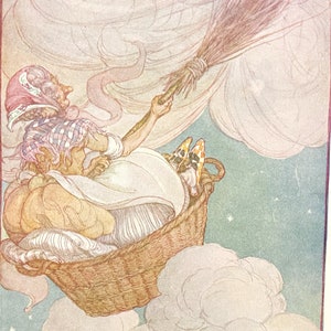 There Was an Old Women by Anne Anderson Witch in Flying Basket 1927 Art print