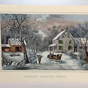 CURRIER & IVES Vintage 1952 Print Art American Homestead Winter Christmas
