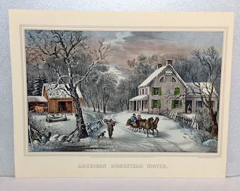 CURRIER & IVES Vintage 1952 Print Art American Homestead Winter Christmas