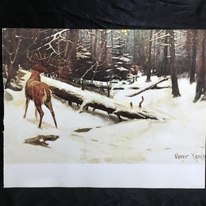 Oliver Kemp THE HUNTER Art Print Lithograph 1972 Deer in Snow